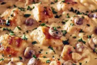 Creamy Baked Chicken Stroganoff — A Cozy Fall Favorites Recipes Dinner Golden-bubbly baked chicken stroganoff in a white casserole dish, creamy mushroom sauce coating egg noodles, garnished with chopped parsley.