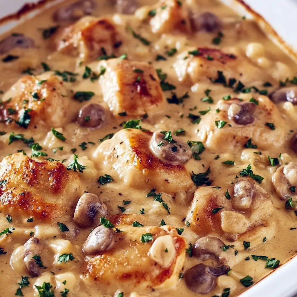 Creamy Baked Chicken Stroganoff — A Cozy Fall Favorites Recipes Dinner Golden-bubbly baked chicken stroganoff in a white casserole dish, creamy mushroom sauce coating egg noodles, garnished with chopped parsley.