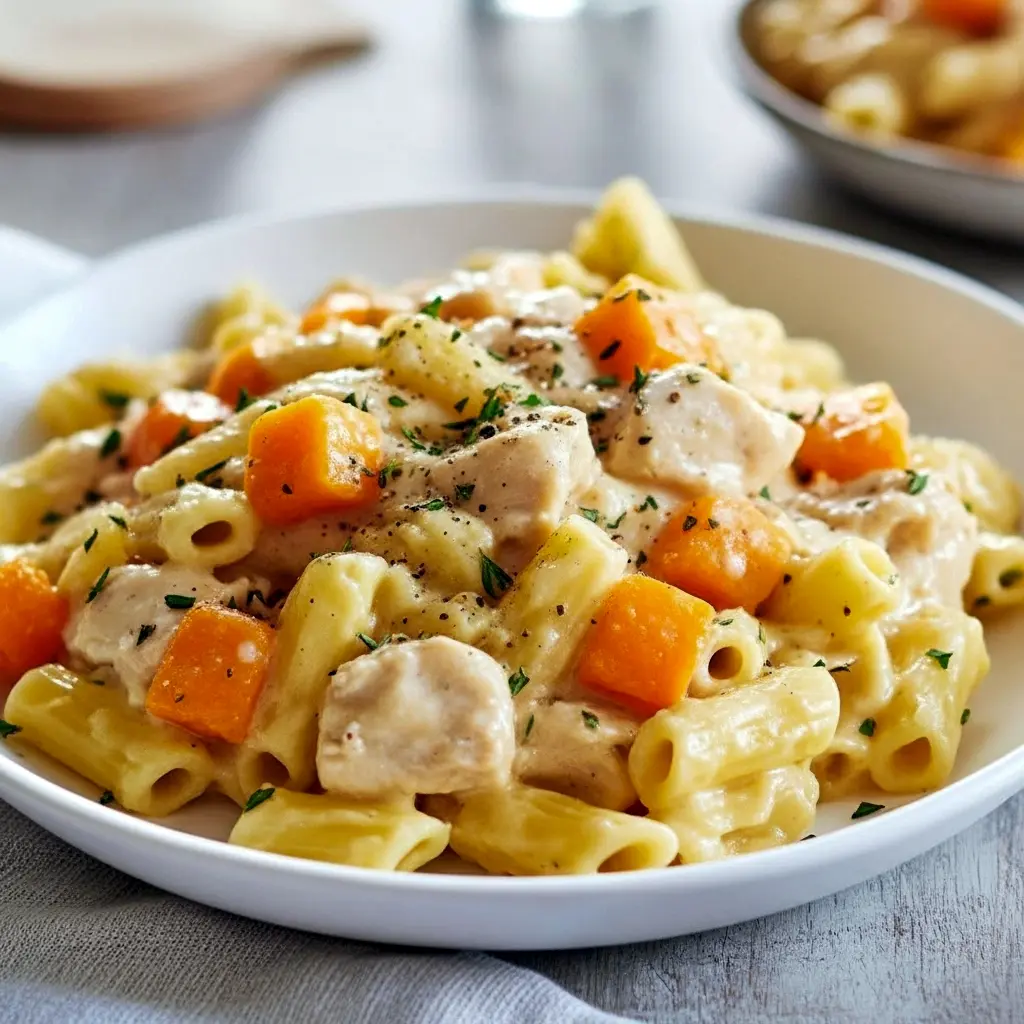 Close-up of egg noodles tossed in a creamy sauce with peas, carrots, and shredded chicken, sprinkled with parsley — a hearty, homey Main Dish Recipes photo that reads like the best One Pot Meals comfort and an easy, crowd-pleasing Chicken Dinner, Pasta Dinner Recipes.