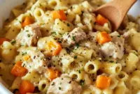 Creamy Chicken Pot Pie Pasta — Cozy Pasta Dinner Recipes Close-up of egg noodles tossed in a creamy sauce with peas, carrots, and shredded chicken, sprinkled with parsley — a hearty, homey Main Dish Recipes photo that reads like the best One Pot Meals comfort and an easy, crowd-pleasing Chicken Dinner.