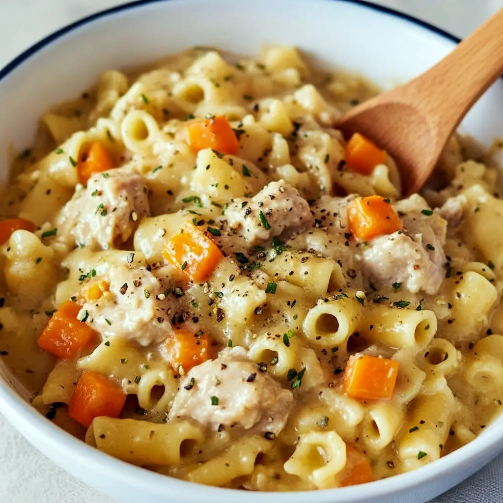 Creamy Chicken Pot Pie Pasta — Cozy Pasta Dinner Recipes Close-up of egg noodles tossed in a creamy sauce with peas, carrots, and shredded chicken, sprinkled with parsley — a hearty, homey Main Dish Recipes photo that reads like the best One Pot Meals comfort and an easy, crowd-pleasing Chicken Dinner.