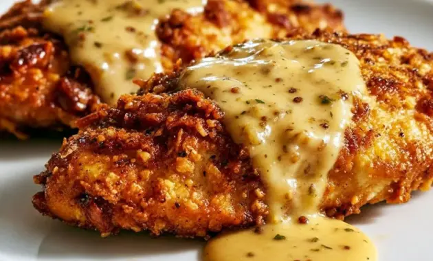 Golden, crispy Pretzel Chicken With Mustard Sauce on a plate, drizzled with creamy cheddar-mustard sauce — the ultimate crunchy Pretzel Crusted Chicken comfort meal.