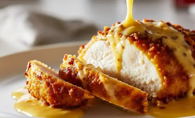 Golden, crispy Pretzel Chicken With Mustard Sauce on a plate, drizzled with creamy cheddar-mustard sauce — the ultimate crunchy Pretzel Crusted Chicken comfort meal.