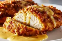 Crispy-Crunchy Pretzel Chicken with Gooey Cheddar Mustard Sauce3 Golden, crispy Pretzel Chicken With Mustard Sauce on a plate, drizzled with creamy cheddar-mustard sauce — the ultimate crunchy Pretzel Crusted Chicken comfort meal.