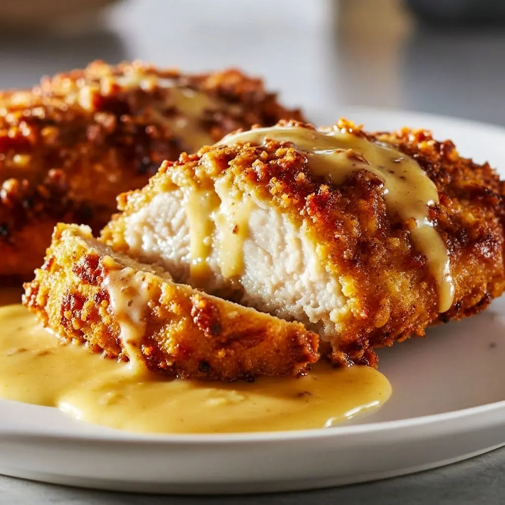 Crispy-Crunchy Pretzel Chicken with Gooey Cheddar Mustard Sauce3 Golden, crispy Pretzel Chicken With Mustard Sauce on a plate, drizzled with creamy cheddar-mustard sauce — the ultimate crunchy Pretzel Crusted Chicken comfort meal.