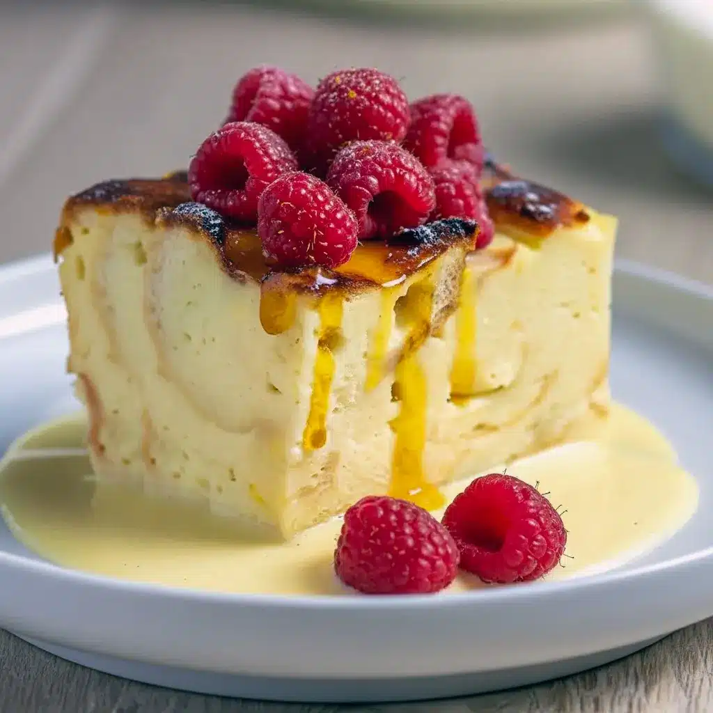 Golden-brown bread pudding slices topped with vanilla sauce and fresh berries on a white plate.