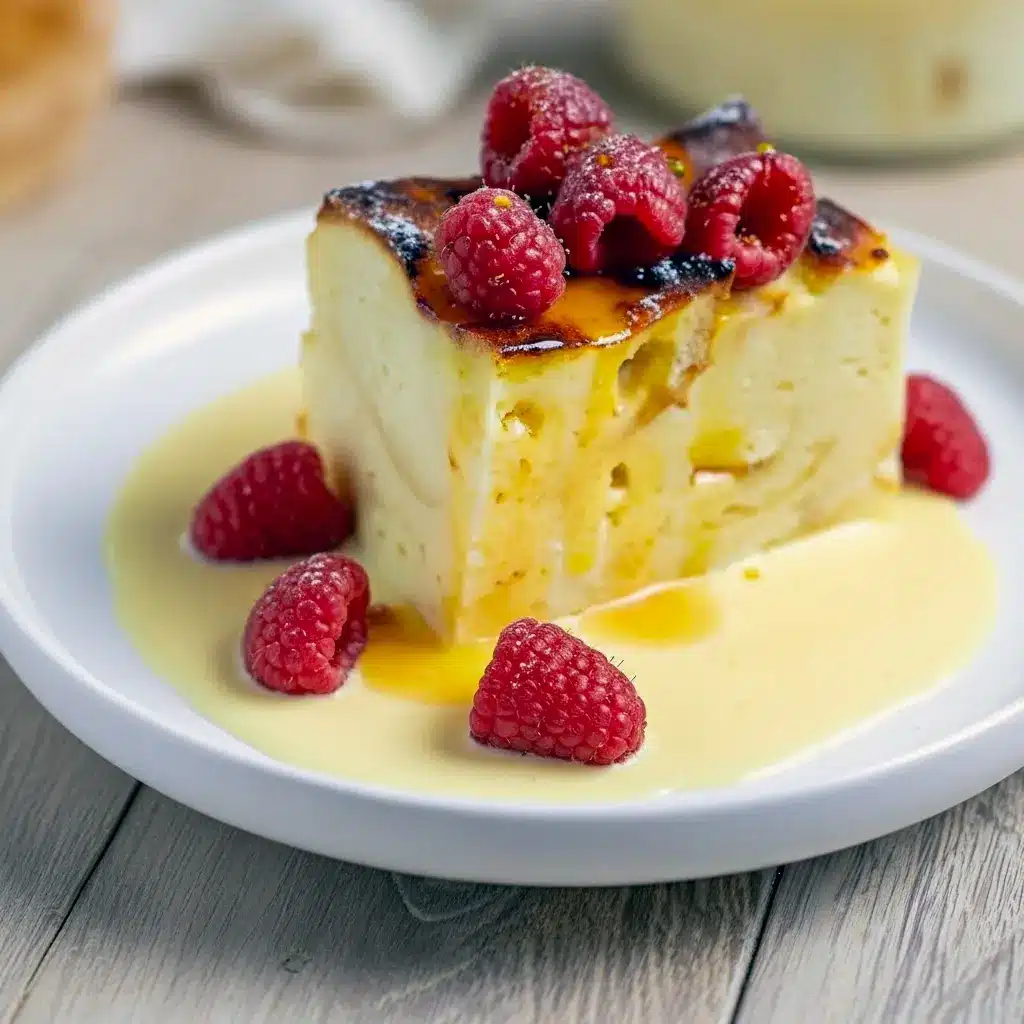 Golden-brown bread pudding slices topped with vanilla sauce and fresh berries on a white plate.