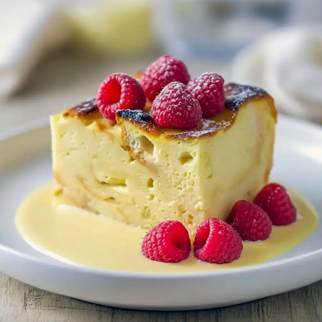 Golden-brown bread pudding slices topped with vanilla sauce and fresh berries on a white plate.