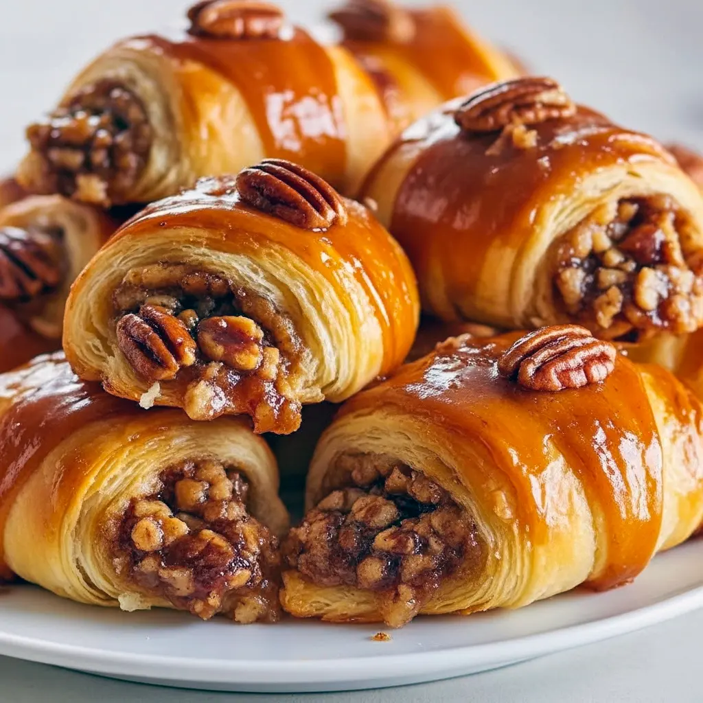 Golden, glossy Pecan Pie Crescent Rolls on a tray made with Crescent Roll Dough (or Homemade Dough), chopped pecans on top and flaky, buttery Flaky Pastry visible in each roll.