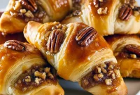 Golden, glossy Pecan Pie Crescent Rolls on a tray made with Crescent Roll Dough (or Homemade Dough), chopped pecans on top and flaky, buttery Flaky Pastry visible in each roll.
