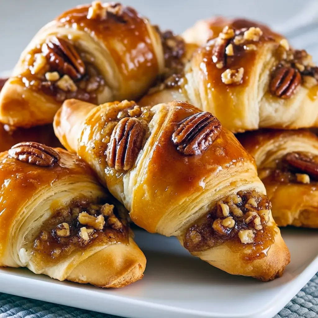 Golden, glossy Pecan Pie Crescent Rolls on a tray made with Crescent Roll Dough (or Homemade Dough), chopped pecans on top and flaky, buttery Flaky Pastry visible in each roll.