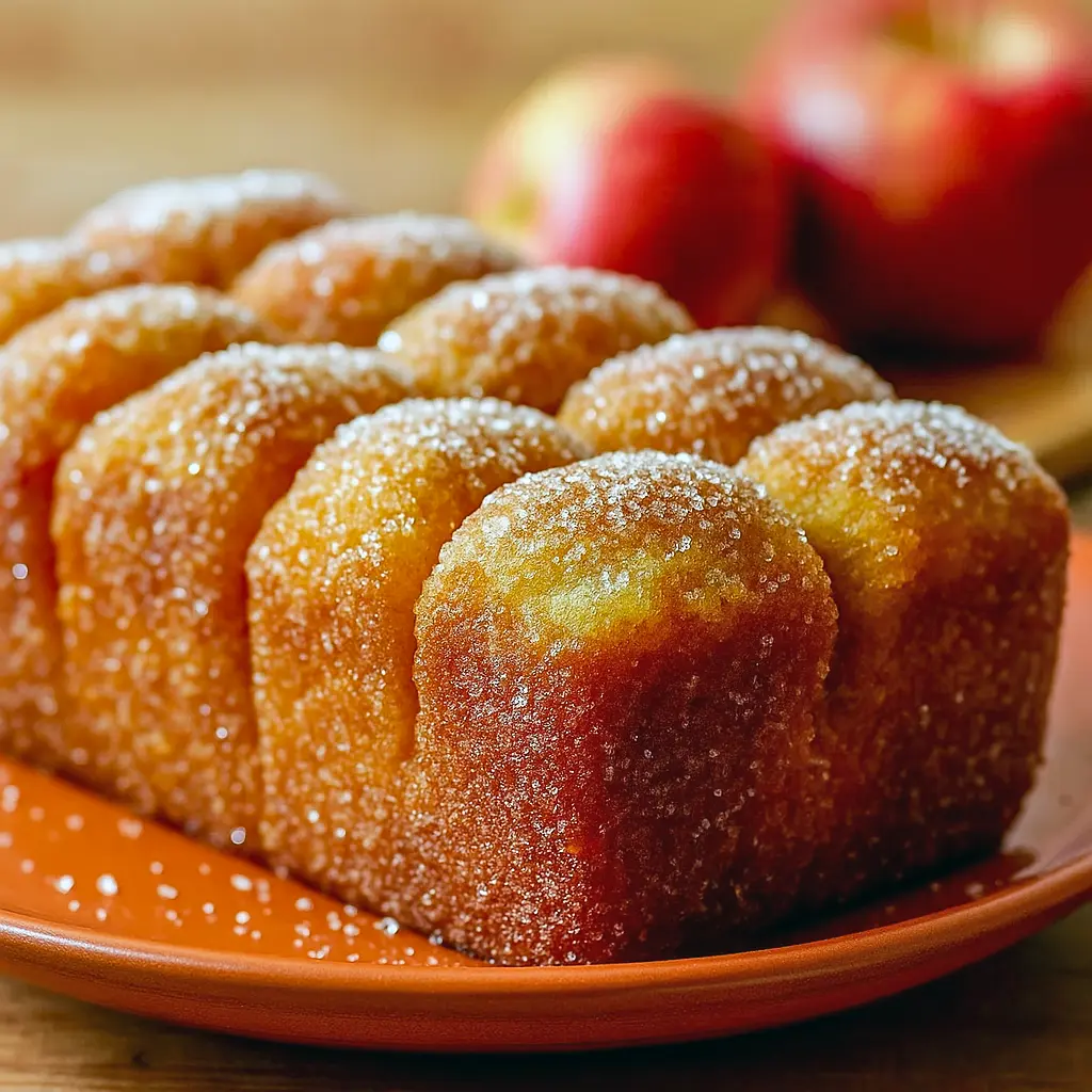 Golden apple cider cinnamon bread loaf with a crackly cinnamon sugar topping, sliced on a wooden board with apples and cinnamon sticks around it.