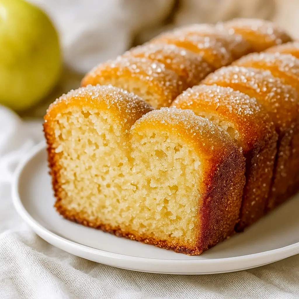 Golden apple cider cinnamon bread loaf with a crackly cinnamon sugar topping, sliced on a wooden board with apples and cinnamon sticks around it.