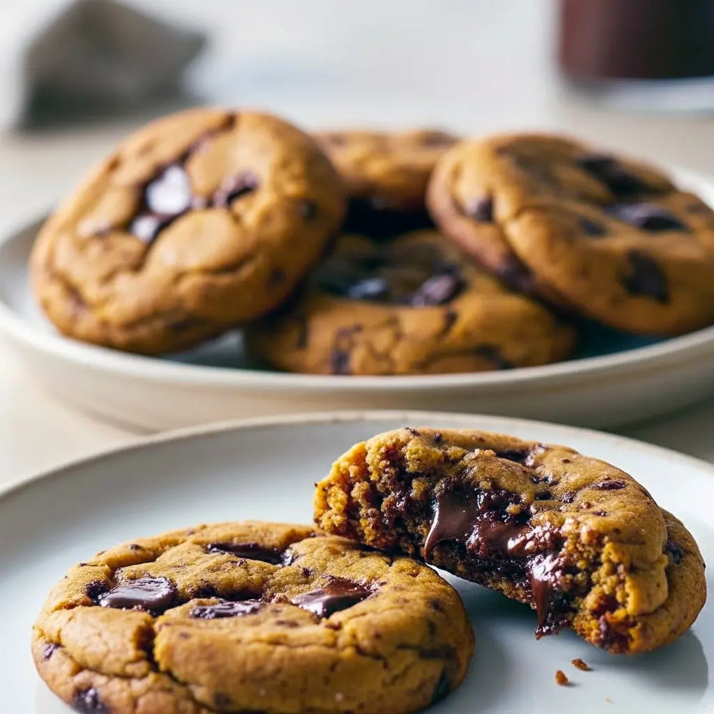 Close-up of chewy pumpkin chocolate chip cookies with melted chocolate pockets and warm spice flecks on a cooling rack.