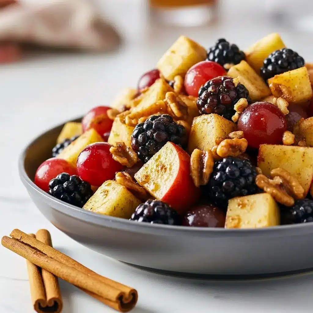 Overhead bowl of fall fruit salad with apple cubes, red grapes, blackberries and pecans, glazed in an orange-cinnamon dressing.