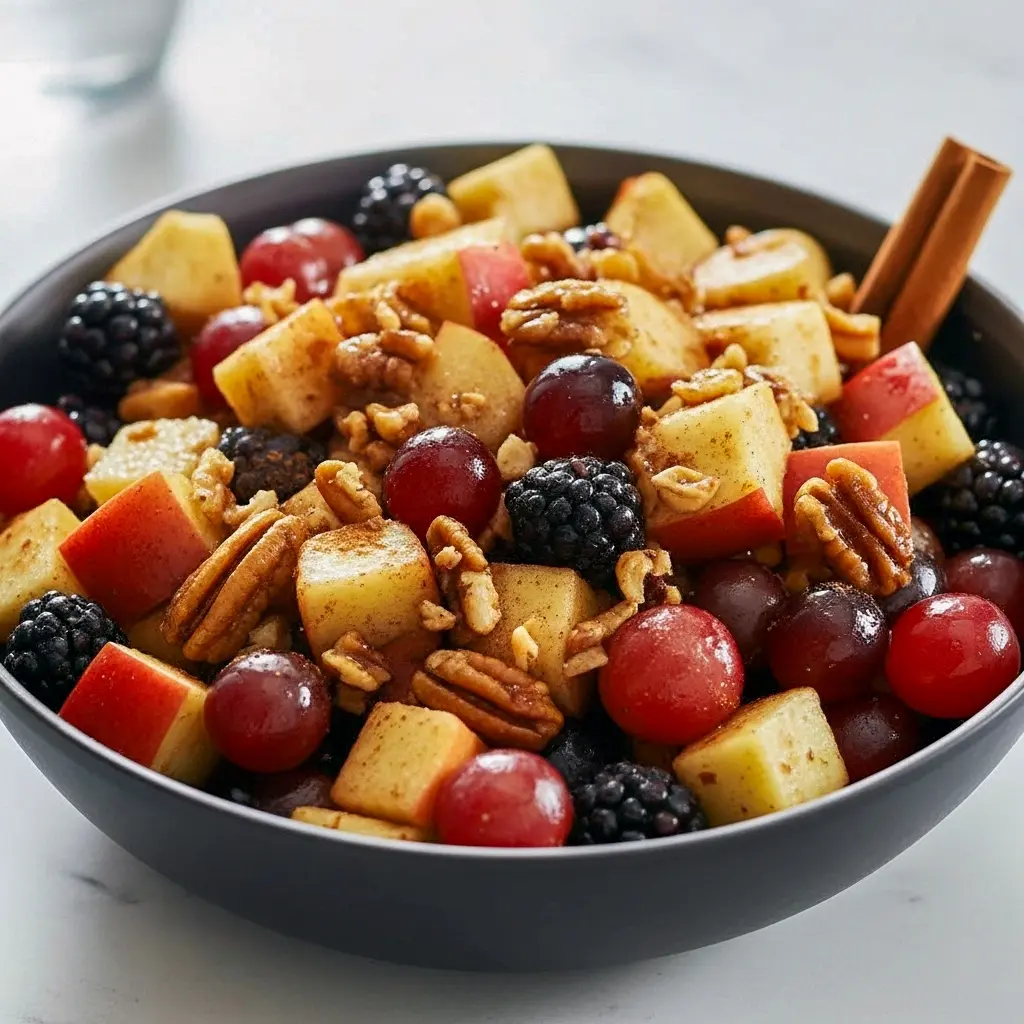 Fall Fruits Salad with Orange Cinnamon Dressing — Cozy, Spiced And Simple Overhead bowl of fall fruit salad with apple cubes, red grapes, blackberries and pecans, glazed in an orange-cinnamon dressing.