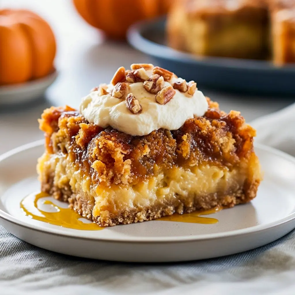 Warm golden dump cake with spiced pumpkin filling, crunchy cake-mix topping and toasted pecans, served with a scoop of vanilla ice cream, Fall Pumpkin Dump Cake.