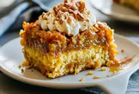 Warm golden dump cake with spiced pumpkin filling, crunchy cake-mix topping and toasted pecans, served with a scoop of vanilla ice cream.
