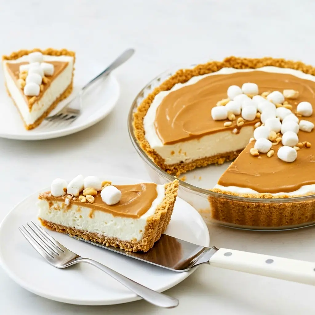 Slice of no-bake fluffernutter pie with marshmallow filling, peanut butter drizzle and crunchy graham cracker crust on a plate, Thanksgiving Pie Recipe Inspiration.