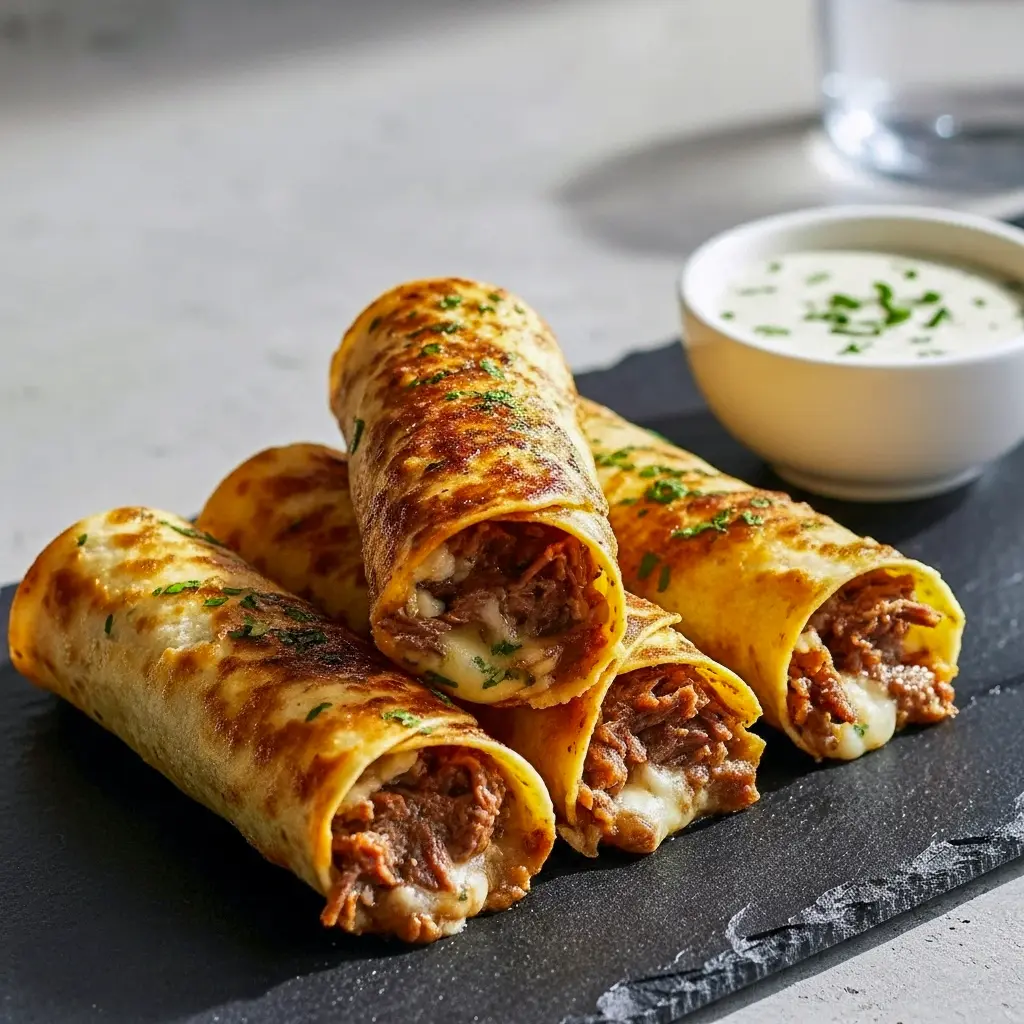 Golden-baked Roll Ups Tortilla stuffed with melty cheese and Sliced Roast Beef, served with a bowl of au jus for French Dip dipping, garnished with crispy French Fried Onions and showcasing juicy Tender Roast Beef in portable Tortilla Rolls — a savory French Dip Sandwich riff and perfect Roll Ups for Quick Weeknight Meals.