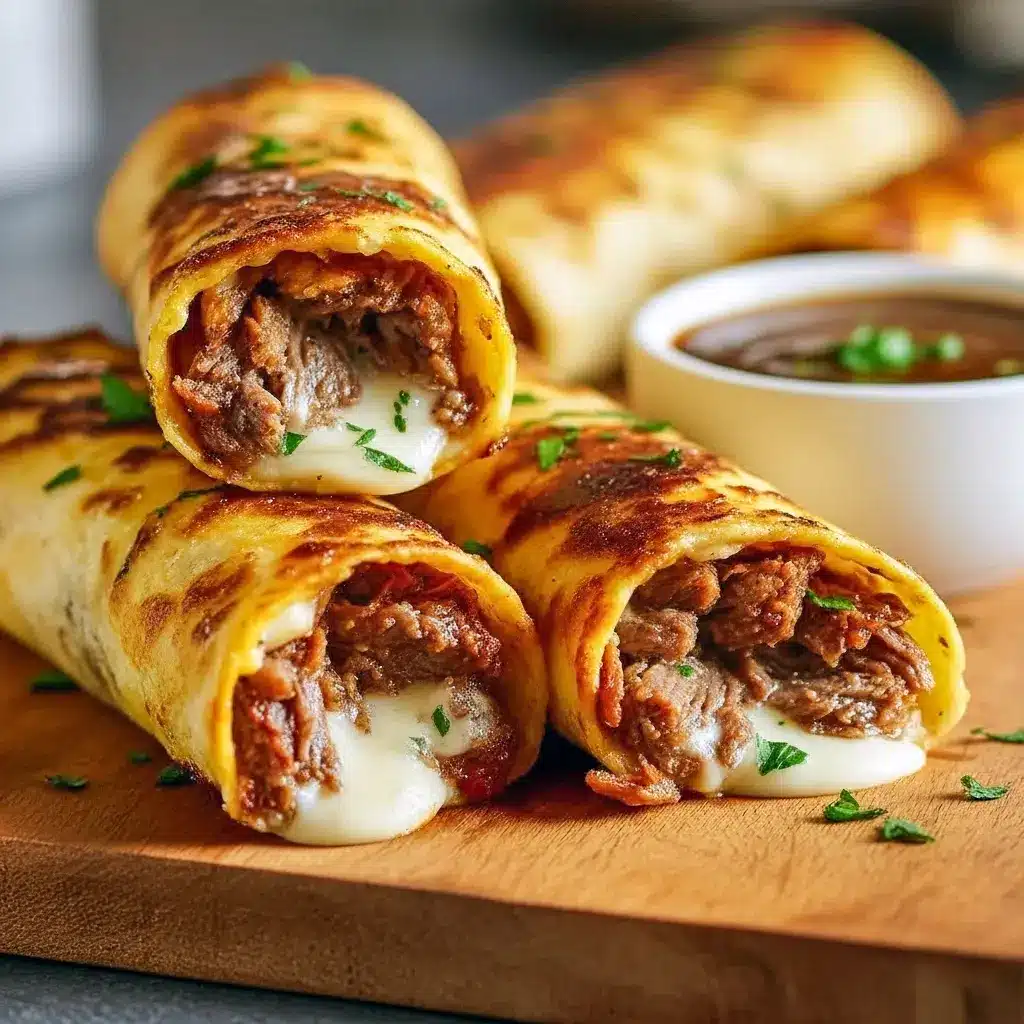 Golden-baked Roll Ups Tortilla stuffed with melty cheese and Sliced Roast Beef, served with a bowl of au jus for French Dip dipping, garnished with crispy French Fried Onions and showcasing juicy Tender Roast Beef in portable Tortilla Rolls — a savory French Dip Sandwich riff and perfect Roll Ups for Quick Weeknight Meals.
