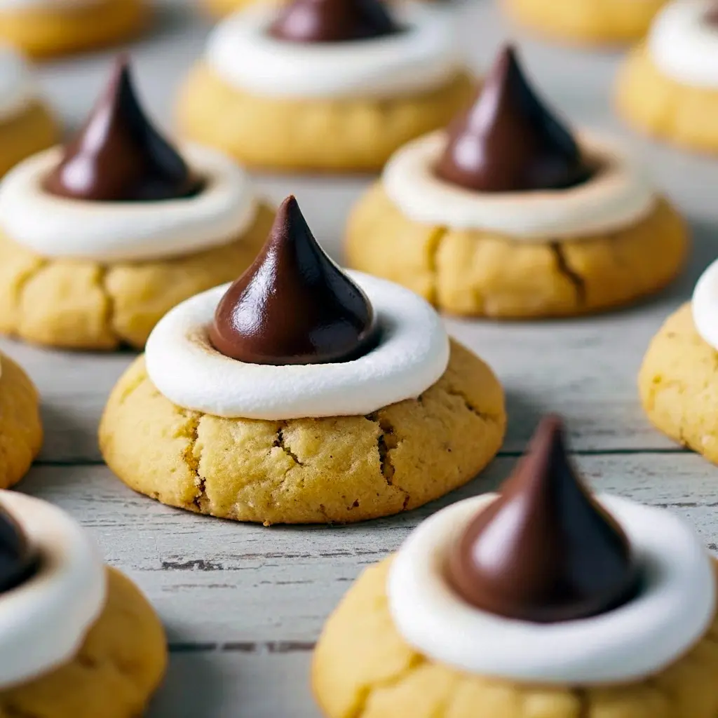 Close-up of golden brown Hershey's Kiss Cookies topped with toasted marshmallows and melted chocolate kisses, the perfect homemade Kiss Cookies for holidays or dessert platters.