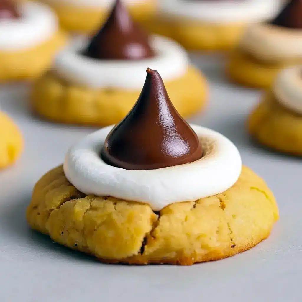 Close-up of golden brown Hershey's Kiss Cookies topped with toasted marshmallows and melted chocolate kisses, the perfect homemade Kiss Cookies for holidays or dessert platters.