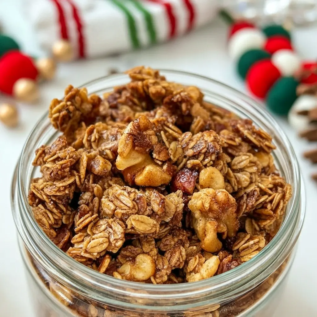 A festive jar of Gingerbread Granola With Oats filled with golden clusters, nuts, and warm spices — the perfect Healthy Homemade Christmas Granola for the holidays.