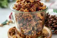 Holiday Gingerbread Granola — The Ultimate Gingerbread Granola Recipe A festive jar of Gingerbread Granola With Oats filled with golden clusters, nuts, and warm spices — the perfect Healthy Homemade Christmas Granola for the holidays.