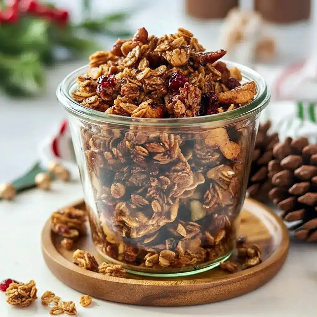 A festive jar of Gingerbread Granola With Oats filled with golden clusters, nuts, and warm spices — the perfect Healthy Homemade Christmas Granola for the holidays.