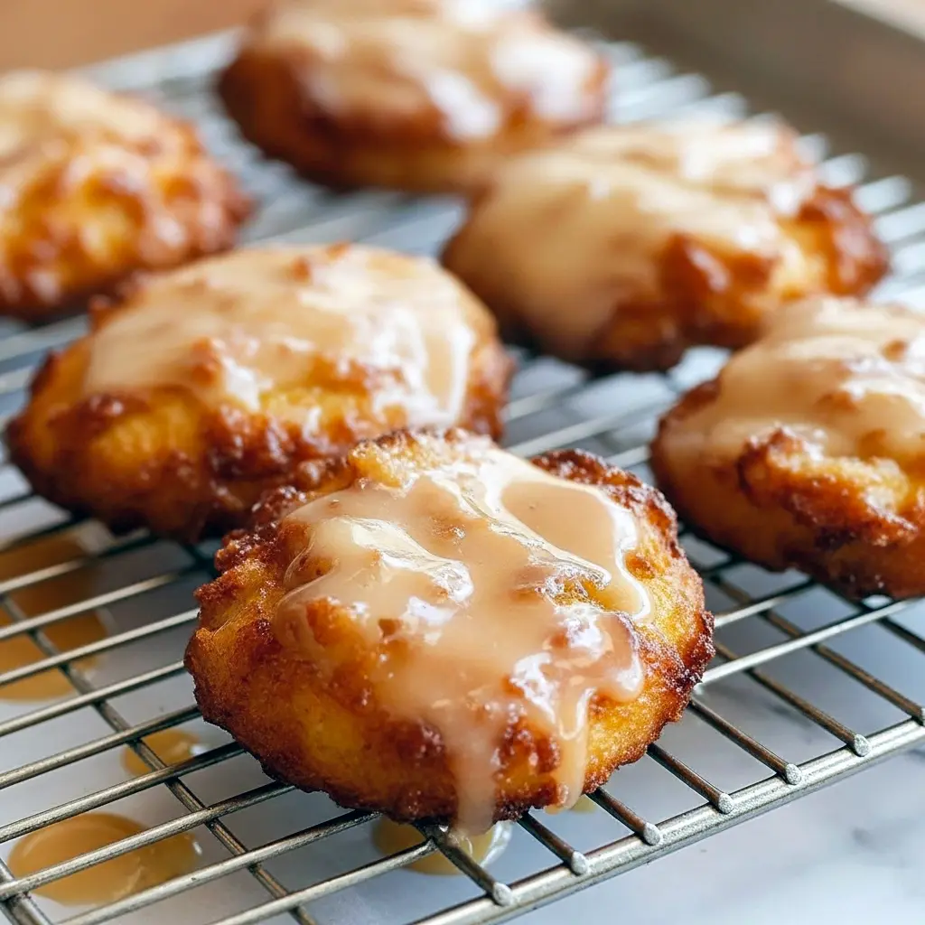 Golden baked apple fritters dotted with apple pieces, drizzled with vanilla glaze and dusted with cinnamon, arranged on a parchment-lined baking sheet.