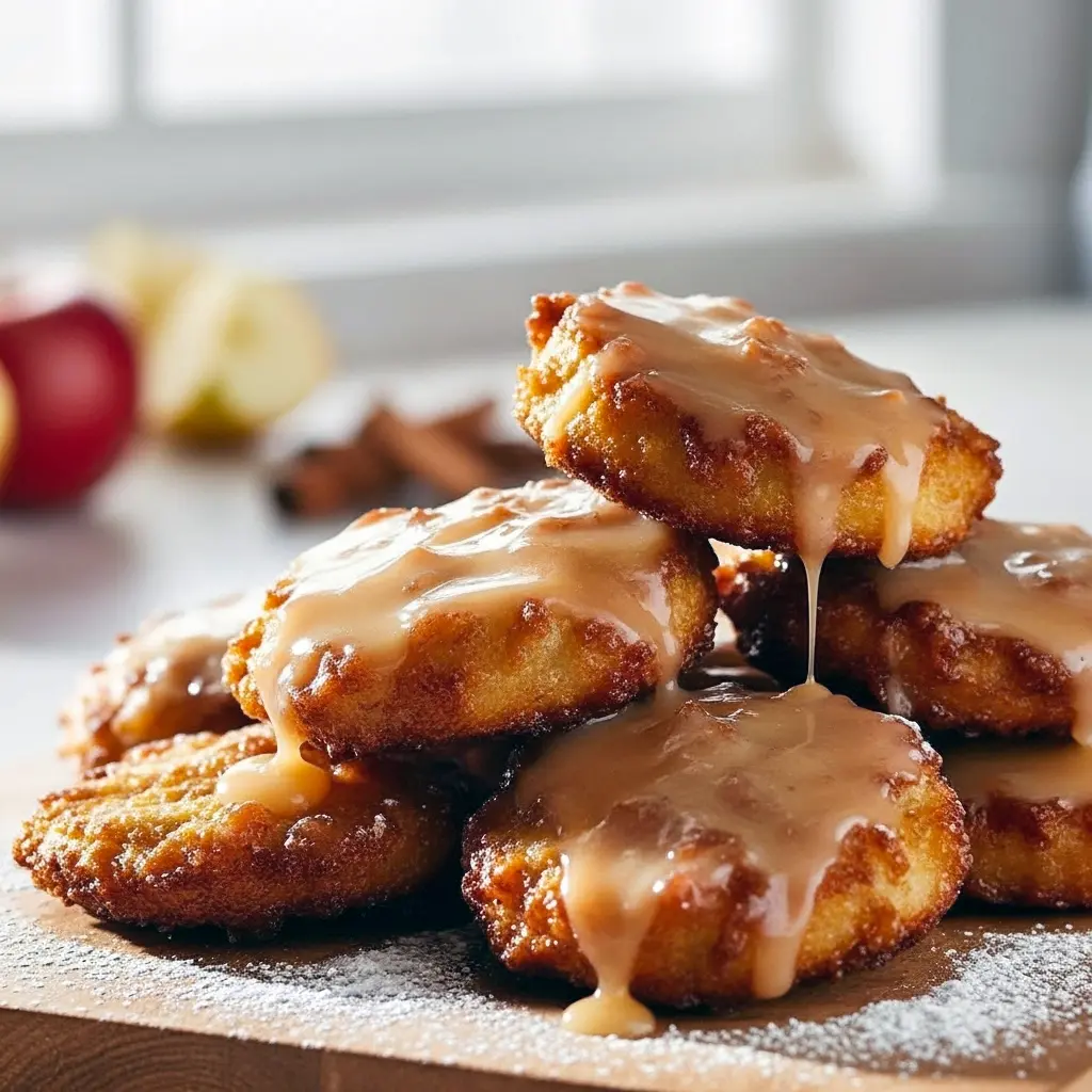 Golden baked apple fritters dotted with apple pieces, drizzled with vanilla glaze and dusted with cinnamon, arranged on a parchment-lined baking sheet.