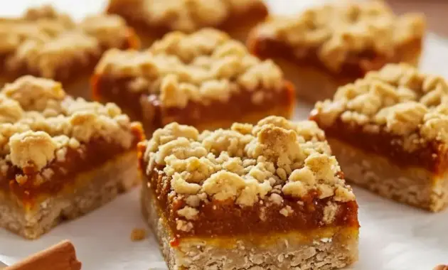 Close-up of golden Easy Pumpkin Oatmeal Bars with a creamy pumpkin center and crumbly oat topping — the ultimate cozy fall treat from a simple Pumpkin Oatmeal Bar Recipe.