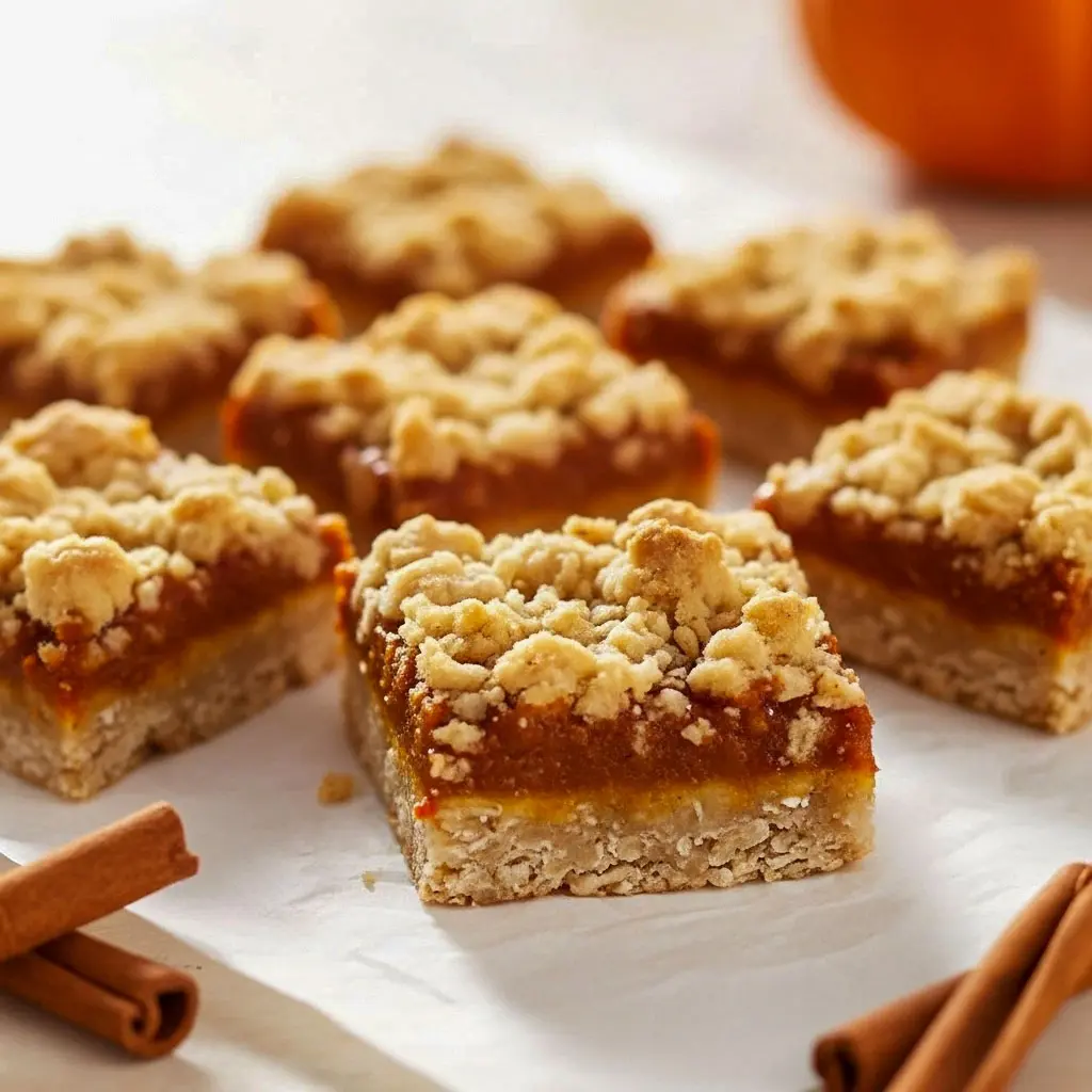 Irresistibly Soft Pumpkin Oatmeal Bars You’ll Want All Fall Long2 Close-up of golden Easy Pumpkin Oatmeal Bars with a creamy pumpkin center and crumbly oat topping — the ultimate cozy fall treat from a simple Pumpkin Oatmeal Bar Recipe.