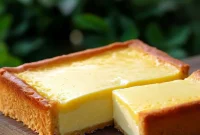 Close-up of a lemon tart with smooth Lemon Custard set in a golden crust — a delicate Custard Cake slice garnished with a scoop of Lemon Sorbet and scattered Fresh Berries.
