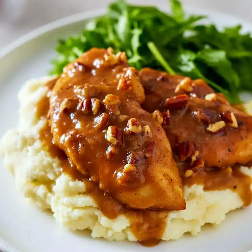 Close-up of glossy maple-bourbon chicken thighs on mashed potatoes, sauce pooling around the edges with chopped nuts visible — a Gluten Free Recipes For Dinner style plate with Iowa Girl Eats energy and a hint of Pollo Loco flair, Skillet Dinner Recipes.