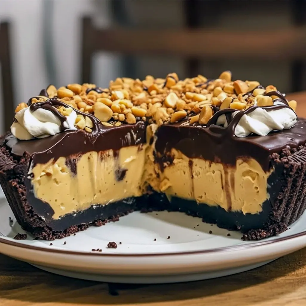 Close-up of a no-bake peanut butter pie with glossy chocolate ganache, Oreo crust, and crushed candy and peanuts on top.