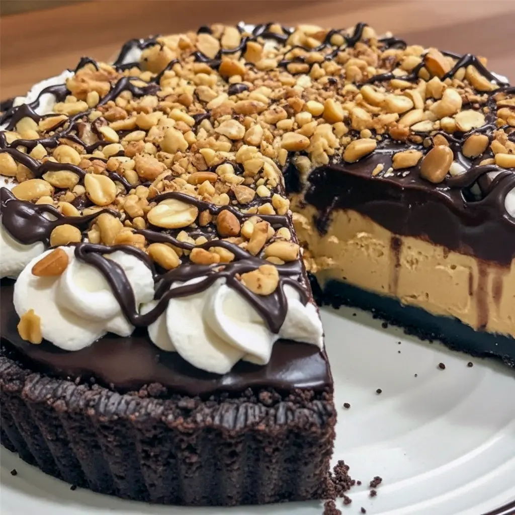Close-up of a no-bake peanut butter pie with glossy chocolate ganache, Oreo crust, and crushed candy and peanuts on top.