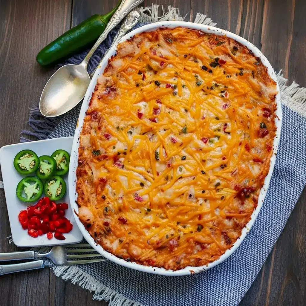 Close-up of a golden, bubbling pimento cheese hash brown casserole in a baking dish, topped with chopped green onions — a comforting Potato Dishes favorite that pairs well with salads for Veggie Dishes, works great as crowd-pleasing Side Recipes, and nods to classic Southern Recipes, Hashbrown Recipes.