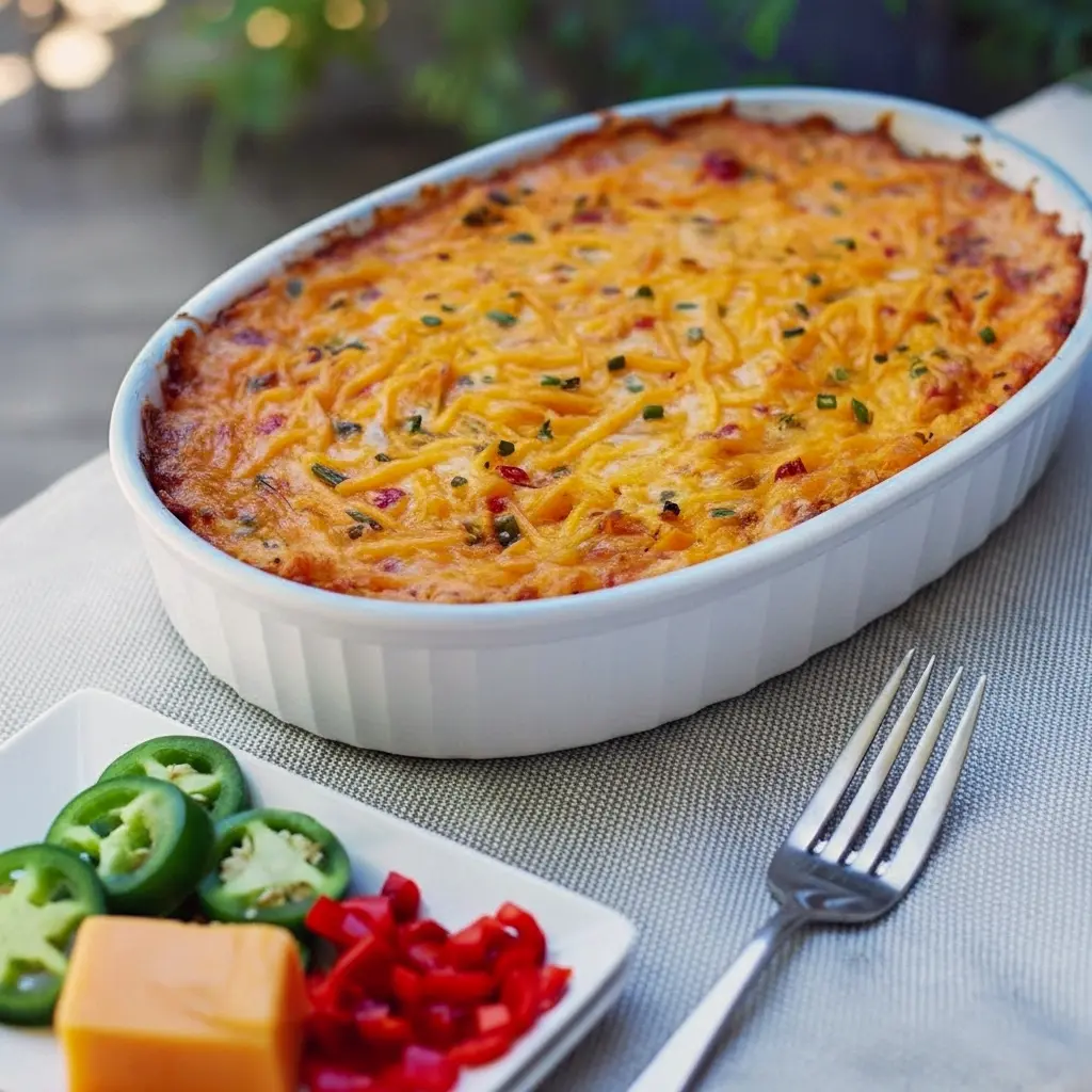 Close-up of a golden, bubbling pimento cheese hash brown casserole in a baking dish, topped with chopped green onions — a comforting Potato Dishes favorite that pairs well with salads for Veggie Dishes, works great as crowd-pleasing Side Recipes, and nods to classic Southern Recipes.