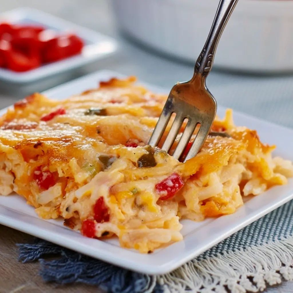 Pimento Cheese Hash Brown Casserole — Southern Hashbrown Recipes for Brunch Close-up of a golden, bubbling pimento cheese hash brown casserole in a baking dish, topped with chopped green onions — a comforting Potato Dishes favorite that pairs well with salads for Veggie Dishes, works great as crowd-pleasing Side Recipes, and nods to classic Southern Recipes.