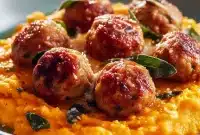 Close-up of golden-brown Apple And Sage Turkey Meatballs made with pork, garnished with crisp sage; a twist on Apple Sage Turkey Meatballs and bite-sized Apple Meatballs, served with roasted peppers for a nod to Ground Pork And Peppers Recipes.