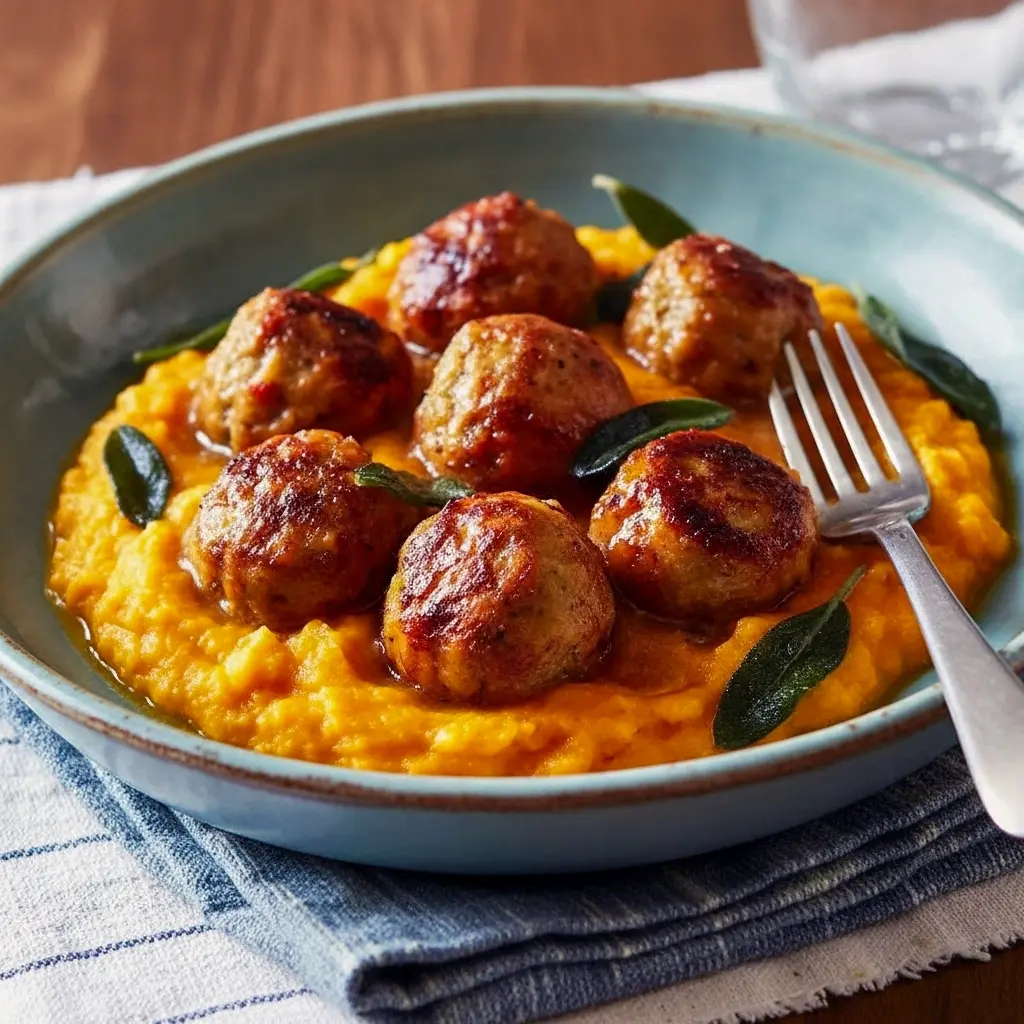 Close-up of golden-brown Apple And Sage Turkey Meatballs made with pork, garnished with crisp sage; a twist on Apple Sage Turkey Meatballs and bite-sized Apple Meatballs, served with roasted peppers for a nod to Ground Pork And Peppers Recipes.