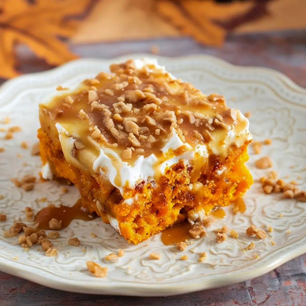 A slice of Pumpkin Better Than Sex Cake topped with whipped cream, caramel drizzle, and toffee bits — a dreamy Pumpkin Dessert perfect for cozy Fall Dessert Recipes and lovers of rich Yummy Sweets.