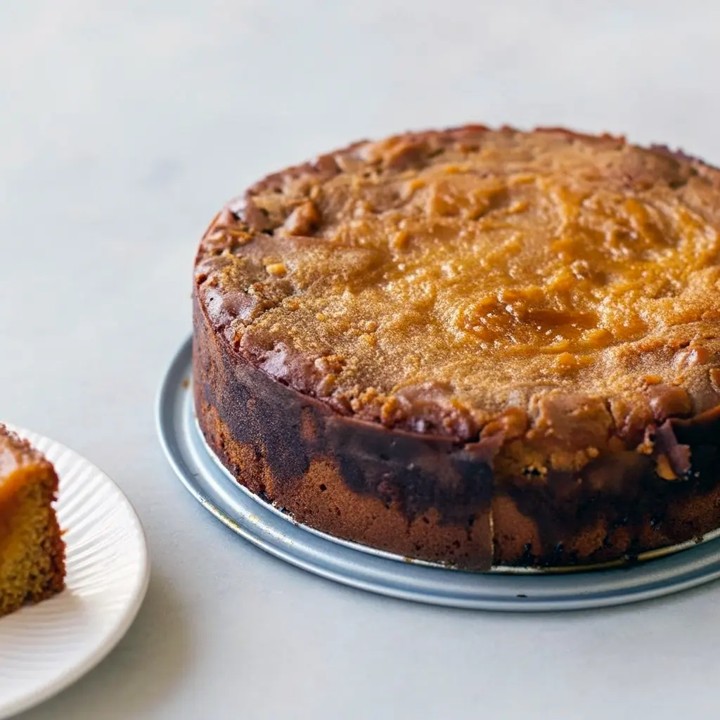 Close-up of a spiced pumpkin slice with a gooey center and caramel drizzle on a white plate, Pumpkin Butter Cake.