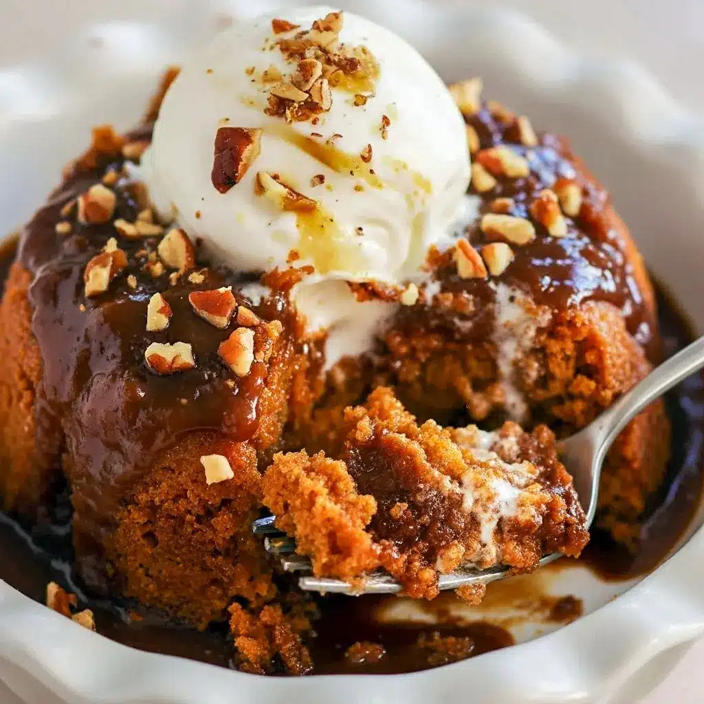A warm slice of Pumpkin Pudding Cake served in a bowl with gooey caramel sauce pooling beneath, topped with a scoop of vanilla ice cream — the perfect cozy dessert for fall fans searching for Dessert Ideas With Caramel Sauce and the ultimate Pumpkin Spice Cake With Caramel Sauce experience.