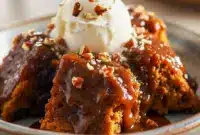 Pumpkin Pudding Cake - Cozy Dessert Ideas With Caramel Sauce A warm slice of Pumpkin Pudding Cake served in a bowl with gooey caramel sauce pooling beneath, topped with a scoop of vanilla ice cream — the perfect cozy dessert for fall fans searching for Dessert Ideas With Caramel Sauce and the ultimate Pumpkin Spice Cake With Caramel Sauce experience.