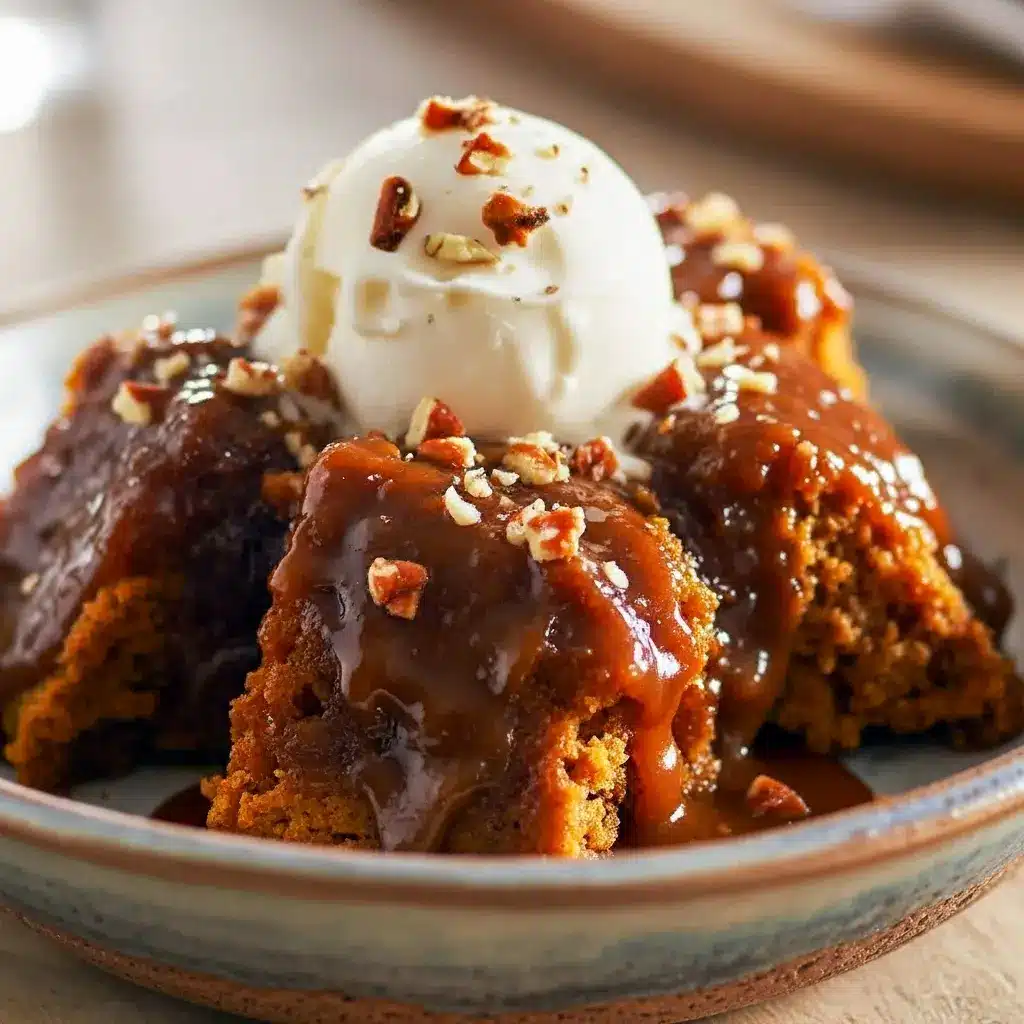 Pumpkin Pudding Cake - Cozy Dessert Ideas With Caramel Sauce A warm slice of Pumpkin Pudding Cake served in a bowl with gooey caramel sauce pooling beneath, topped with a scoop of vanilla ice cream — the perfect cozy dessert for fall fans searching for Dessert Ideas With Caramel Sauce and the ultimate Pumpkin Spice Cake With Caramel Sauce experience.