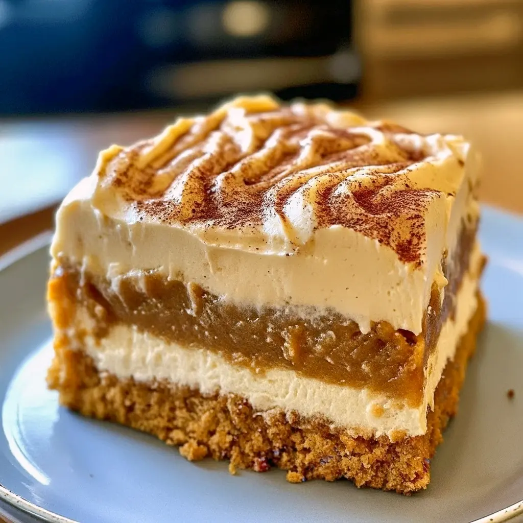 Close-up of a slice of gooey pumpkin cake drizzled with brown sugar cream cheese frosting, showing a custardy center, smooth frosting, and a sprinkle of chopped pecans and cinnamon.