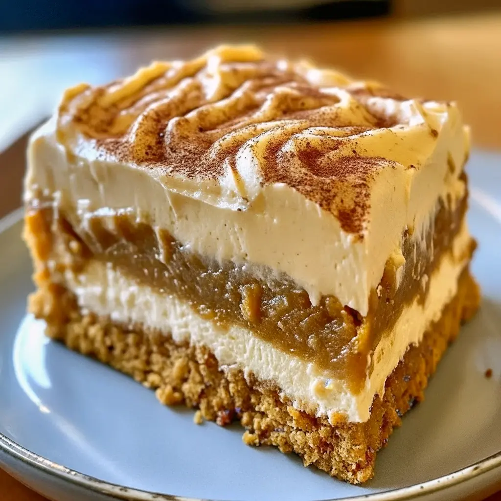 Close-up of a slice of gooey pumpkin cake drizzled with brown sugar cream cheese frosting, showing a custardy center, smooth frosting, and a sprinkle of chopped pecans and cinnamon.